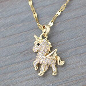 Unicorn Style Pendant with Pave CZ Diamond Necklace 18k Gold Plated Stainless